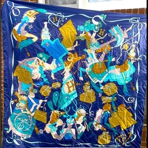 Hermes 100% Silk Abstract Blue Green Le Bal Masque party ball Scarf Shawl Carre